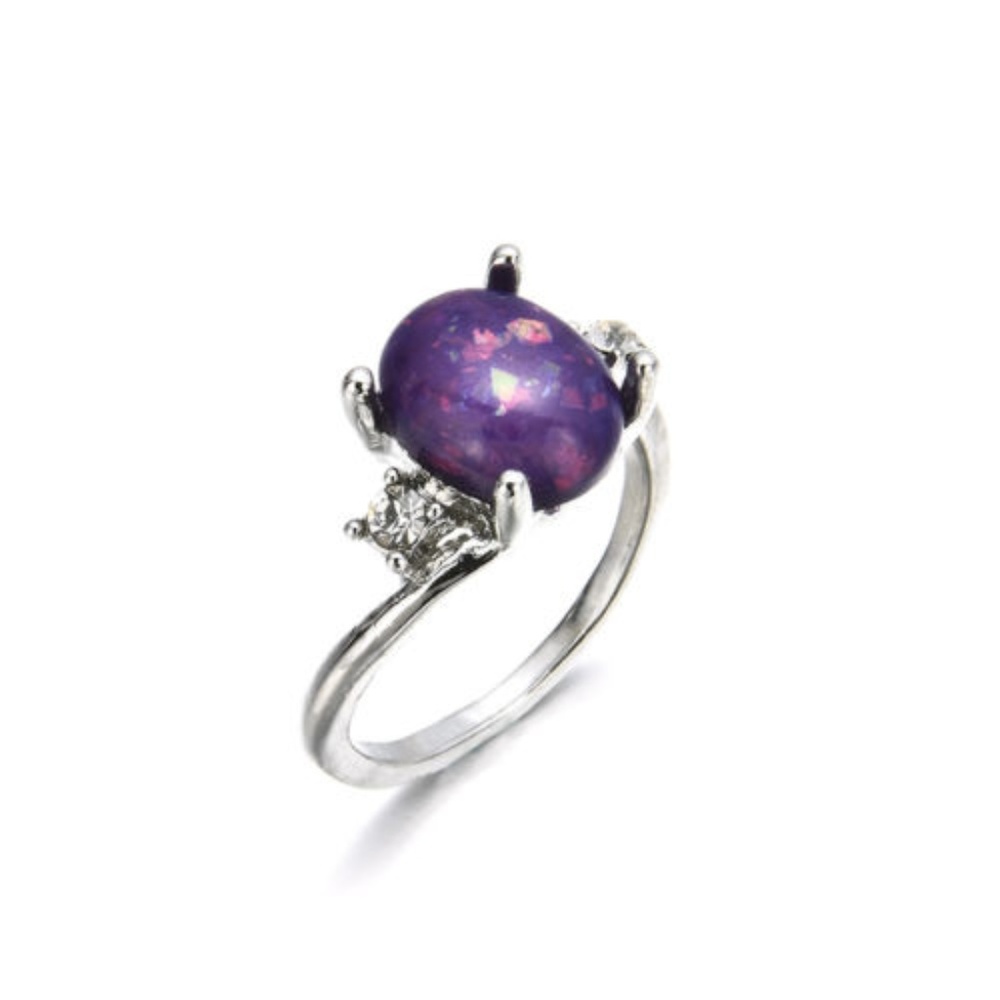 Silver Tone Purple Fire Opal Oval CZ Ring 5‎ 6 7 8